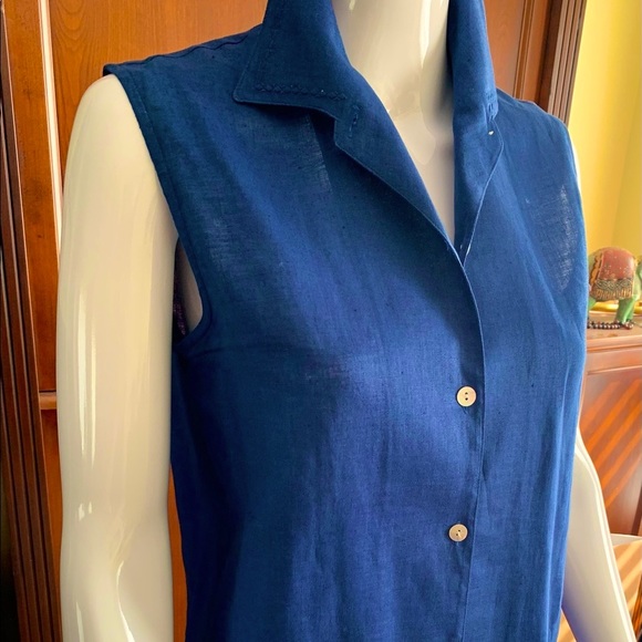 Royal Blue 100% linen button-up shirt mother-of-pearl buttons embroidered collar - Picture 3 of 16